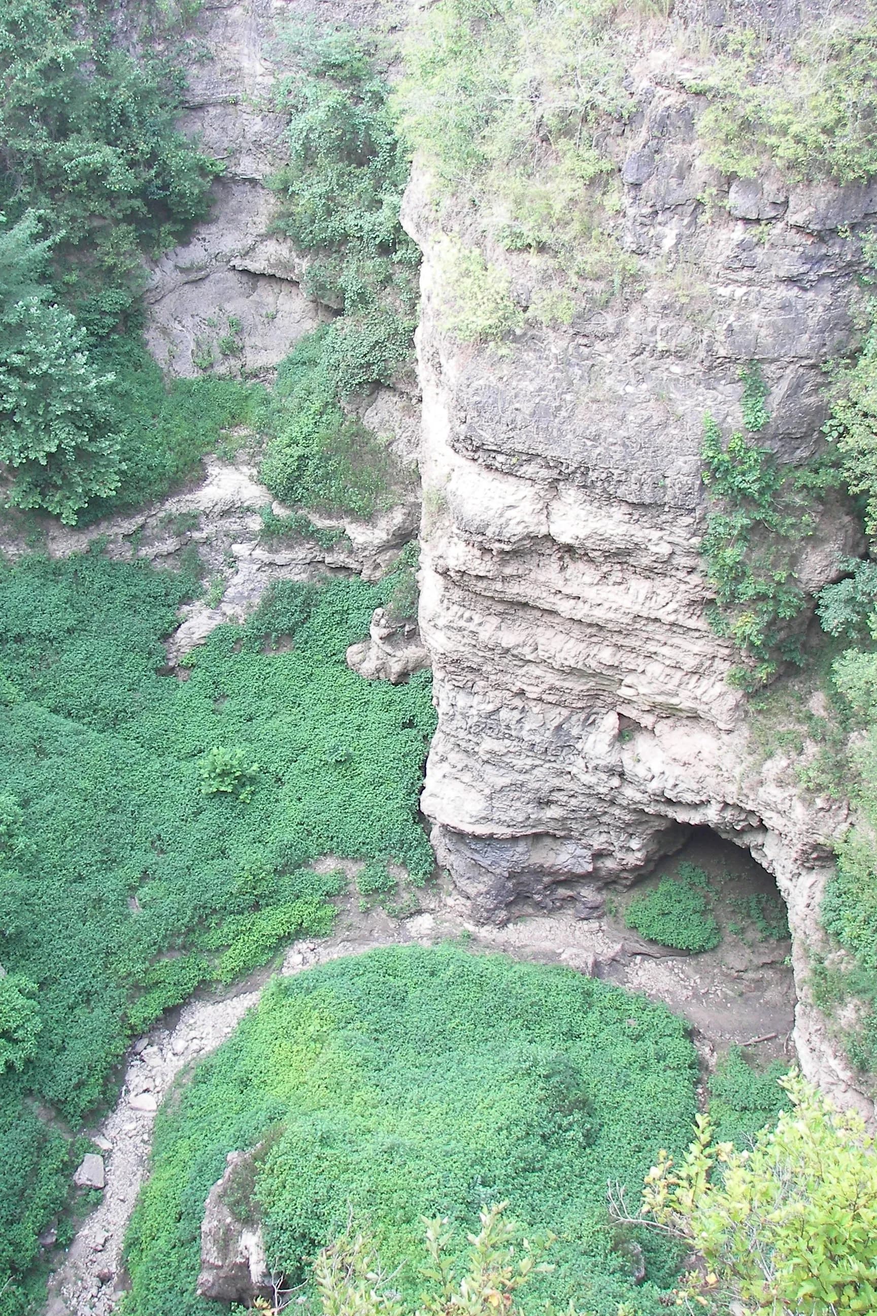 A cave opening at the bottom of the limestone walls of Grand Gulf